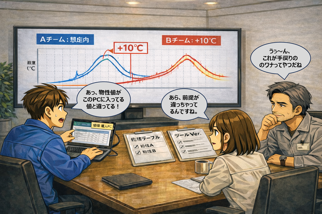 前提未共有による温度ピーク差の手戻りイメージ図